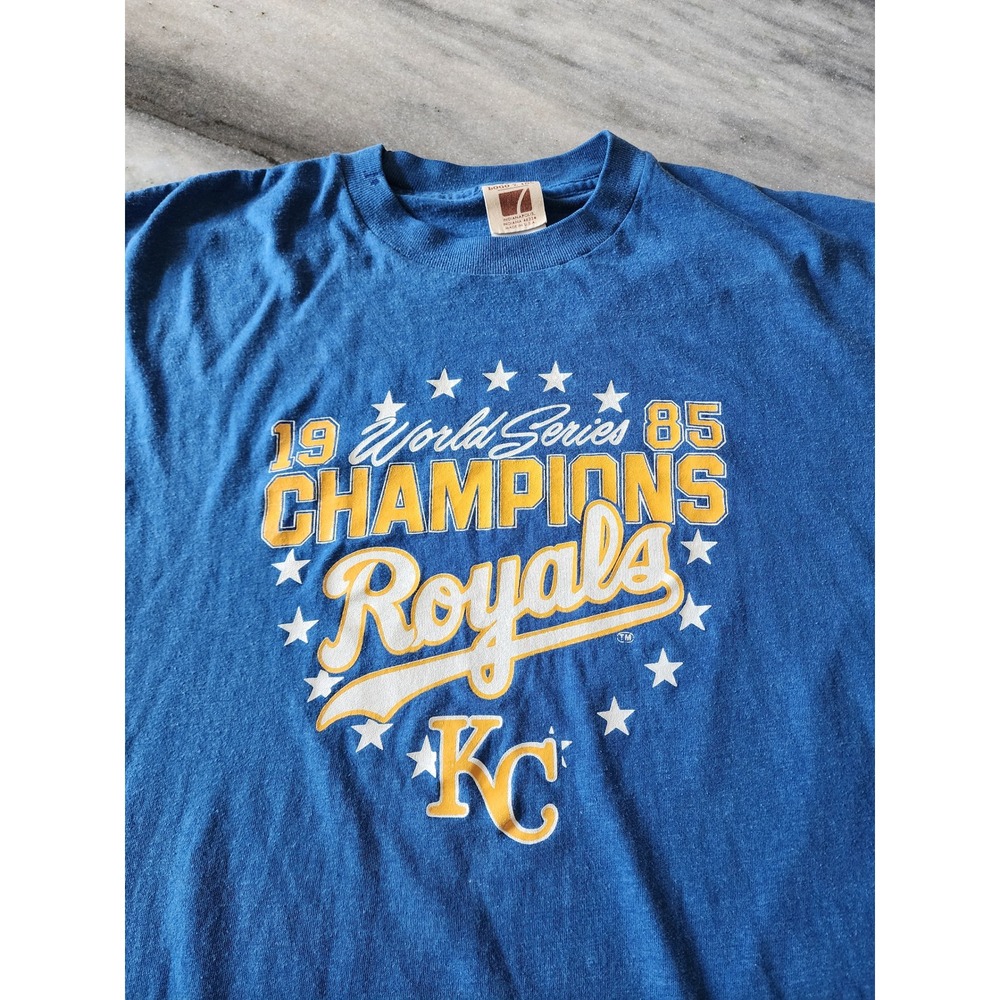 Vintage 80s Logo 7 Kansas City Royals 1985 World Series Champions T-Shirt Blue L